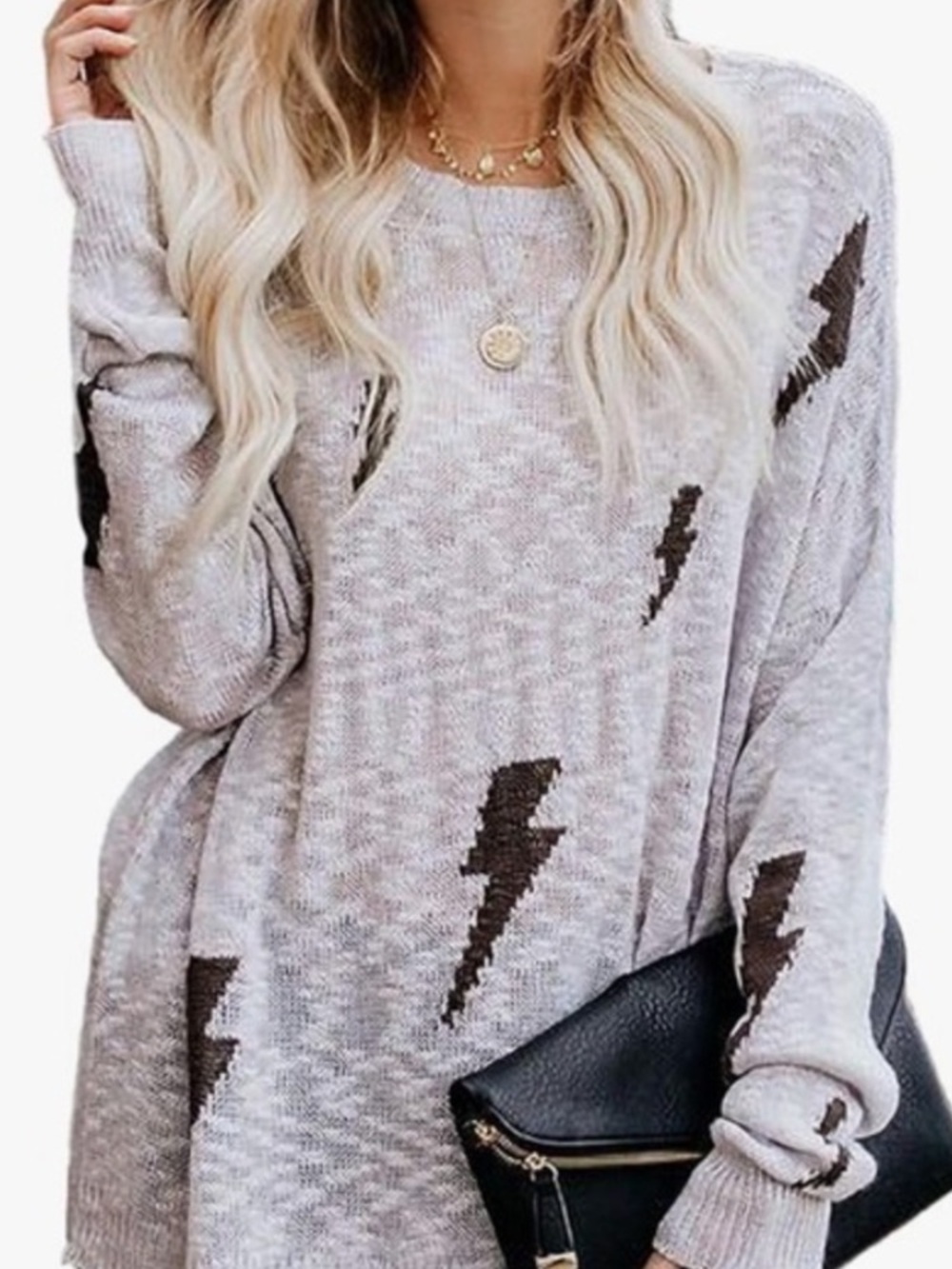 Gray Knit Sweater with brown Lightning Bolt design